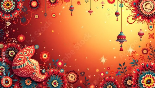 Festive Decorative Floral Background with Hanging Lanterns and Colorful Ornaments Design
