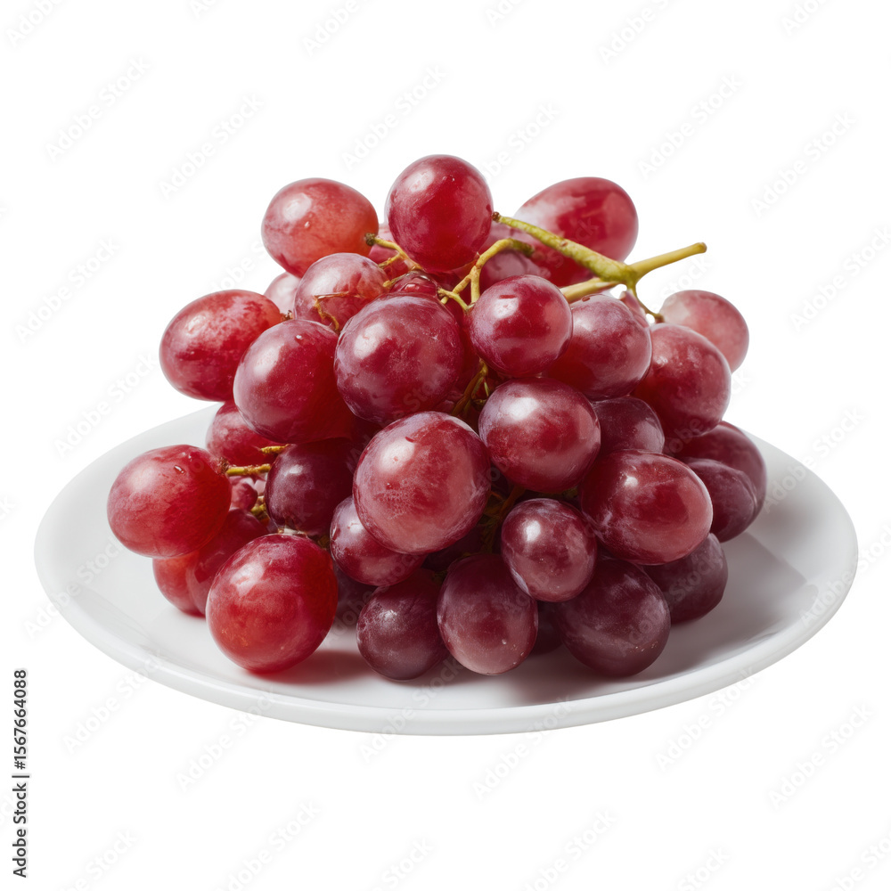 A fresh cluster of red grapes presented on a white plate, showcasing their juicy texture and vibrant color, Isolated on transparent Background A fresh cluster of red grapes presented on a white plate, showcasing their juicy texture and vibrant color, Isolated on transparent Background