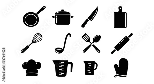Comprehensive Kitchen Utensil Icon Set Free Vector Download of High-Quality Black and White Cooking Icons for Websites and Applications