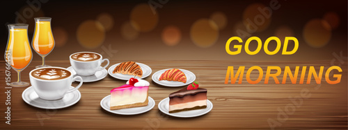 morning coffee, orange juice, cheesecake  and croissants with a good morning wish on a wooden table.ai