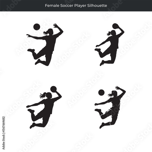 Dynamic silhouette collection of female soccer players in action performing various moves