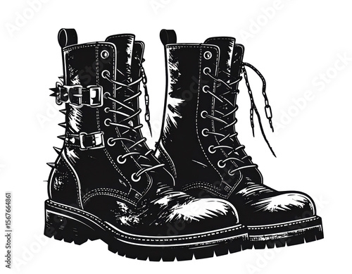 Hand-drawn black and white illustration of edgy combat boots with buckles, spikes, and laces in vintage engraving style