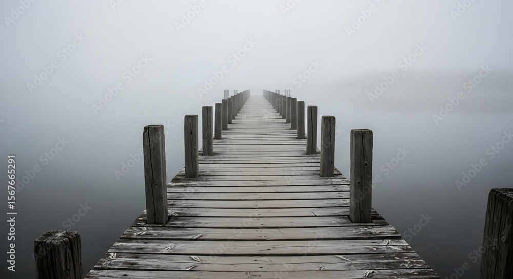 Fototapeta premium Mystical wooden pier disappearing into dense fog over tranquil waterscape photo