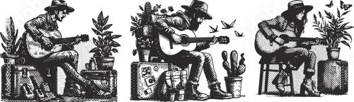 Heavy circlelined effect bundle featuring a travelling musician playing guitar while sitting on a suitcase surrounded by plants, detailed vector illustration perfect for music, travel, lifestyle desig