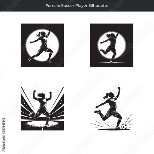 Dynamic black and white silhouettes of a female soccer player in action kicking a ball