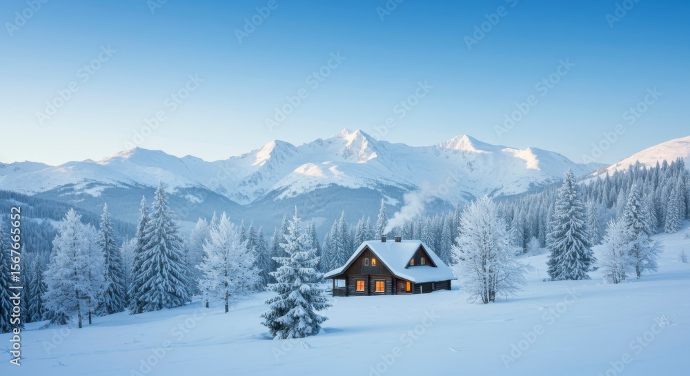 Snowy mountain range, winter cabin glows warmly amidst snow-covered evergreens Snowy mountain range, winter cabin glows warmly amidst snow-covered evergreens