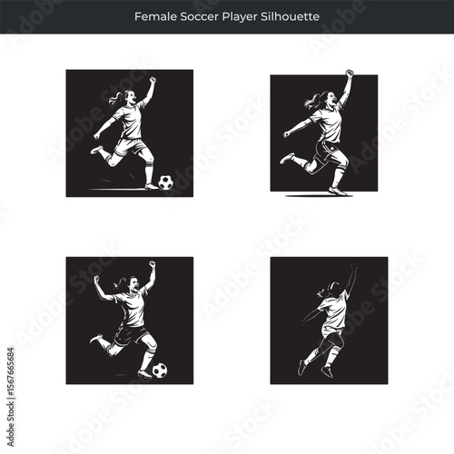 Dynamic silhouettes of female soccer player in action posing with a soccer ball