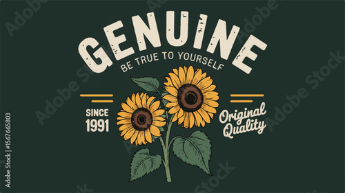Vintage sunflower design with genuine text typography
