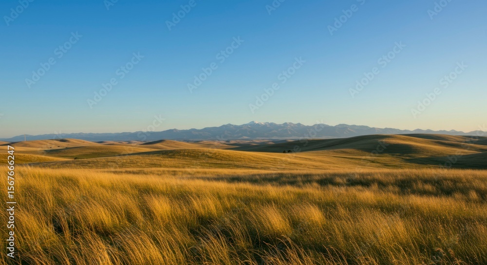 Fototapeta premium Rolling hills of golden grass under a clear blue sky, distant mountains visible on the horizon