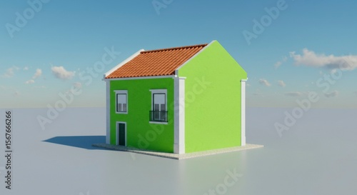 Wallpaper Mural A brightly colored, two-story house with a tiled roof stands against a bright blue sky. The house has a door and two windows Torontodigital.ca