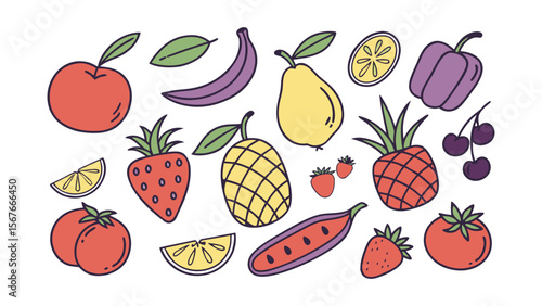 A flat vector-style illustration of a variety of fruits and vegetables, including apples, lemons, pineapples, strawberries, peppers, tomatoes, a set of fruits and vegetables, easily editable.