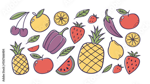 A flat vector-style illustration of a variety of fruits and vegetables, including apples, lemons, pineapples, strawberries, peppers, tomatoes, a set of fruits and vegetables, easily editable.