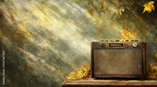 Wallpaper Mural Vintage Radio on Wooden Table Surrounded by Autumn Leaves Torontodigital.ca
