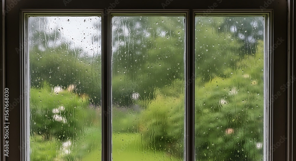 Naklejka premium Raindrops on a Window: A Serene View of Lush Greenery Through Wet Glass