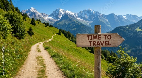Wallpaper Mural Scenic mountain path with a wooden signpost indicating "Time to Travel," suggesting adventure and exploration Torontodigital.ca