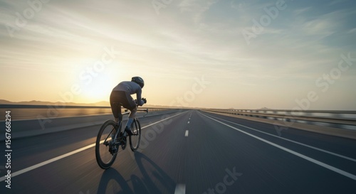 Cyclist speeds down a long, straight road at sunset, the sun creating a warm glow