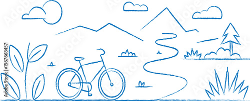 cycling landscape line art illustration with mountains and trees