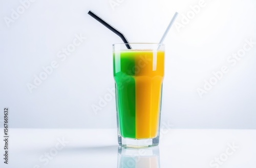 a glass of green and yellow juice on a white background, two different drinks in one glass, a straw in a glass, cucumber and orange juice
