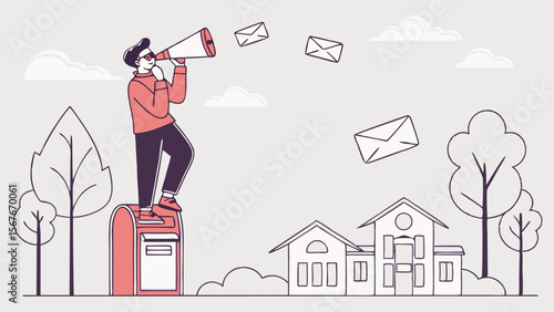 Man stands on mailbox using megaphone to announce messages, surrounded by trees and houses