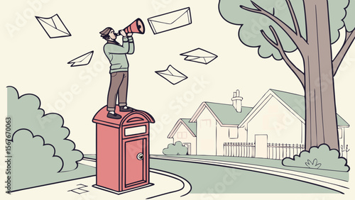 Businessman standing on mailbox with megaphone sending messages, flying envelopes in residential street, communication and announcement concept illustration