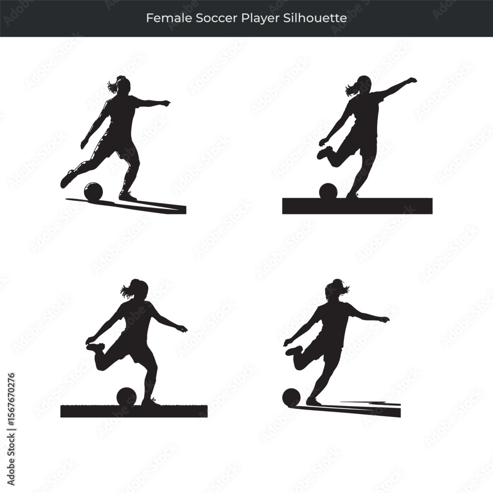 Fototapeta premium Dynamic black silhouette illustrations of a female soccer player kicking the ball in action
