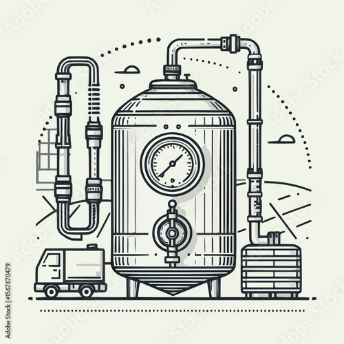 distillation equipment for beverage production in vineyard setting for industrial illustration concept