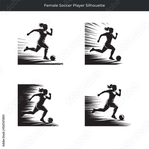 Dynamic silhouette of a female soccer player dribbling the ball with speed and motion in play