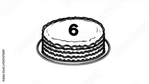 Birthday cake, burning candle, Happy First Birthday badge. Cake with a candle in the form of a number 6