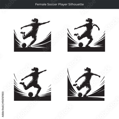 Four elegant black and white silhouettes of a female soccer player kicking the ball