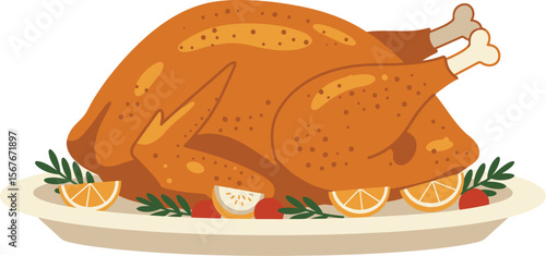 Roasted turkey on a plate, garnished with orange slices and herbs.