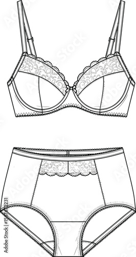 Lace Bra and Panties Lingerie Set CAD Drawing Flat Vector Illustration for Underwear Apparel Design and Fashion Mockups, Customizable Template