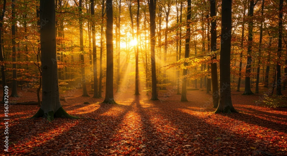 Fototapeta premium Golden sunlight streams through autumn forest