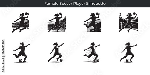 Dynamic black silhouette illustrations show action of female soccer player across the field