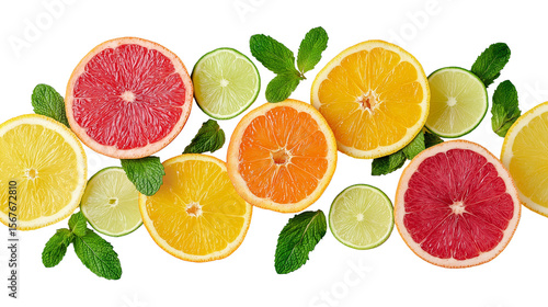 Flat lay of sliced citrus fruits with mint leaves, vibrant summer mood, white background, PNG format 