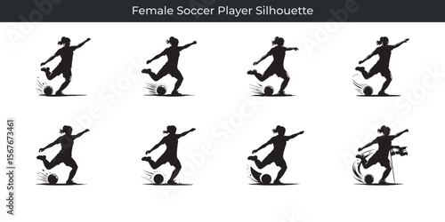 Dynamic black silhouette depicts a female soccer player kicking the ball