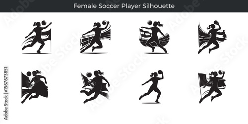 Vector illustrations of elegant black silhouettes showcasing dynamic female soccer player action