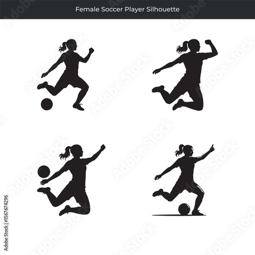 Four dynamic black silhouettes of a female soccer player demonstrating different soccer actions