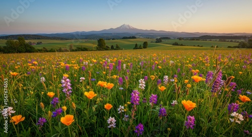 Vibrant wildflowers blanket a field at sunrise  with a mountain range in the background