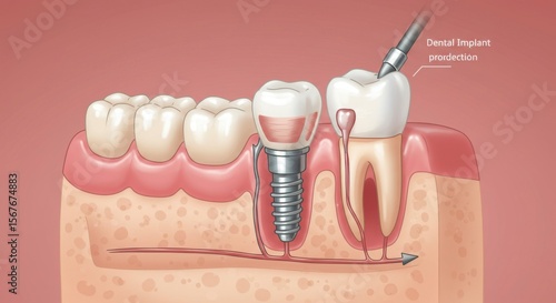 Dental implant procedure illustration.  Detailed cross-section view of teeth and gums