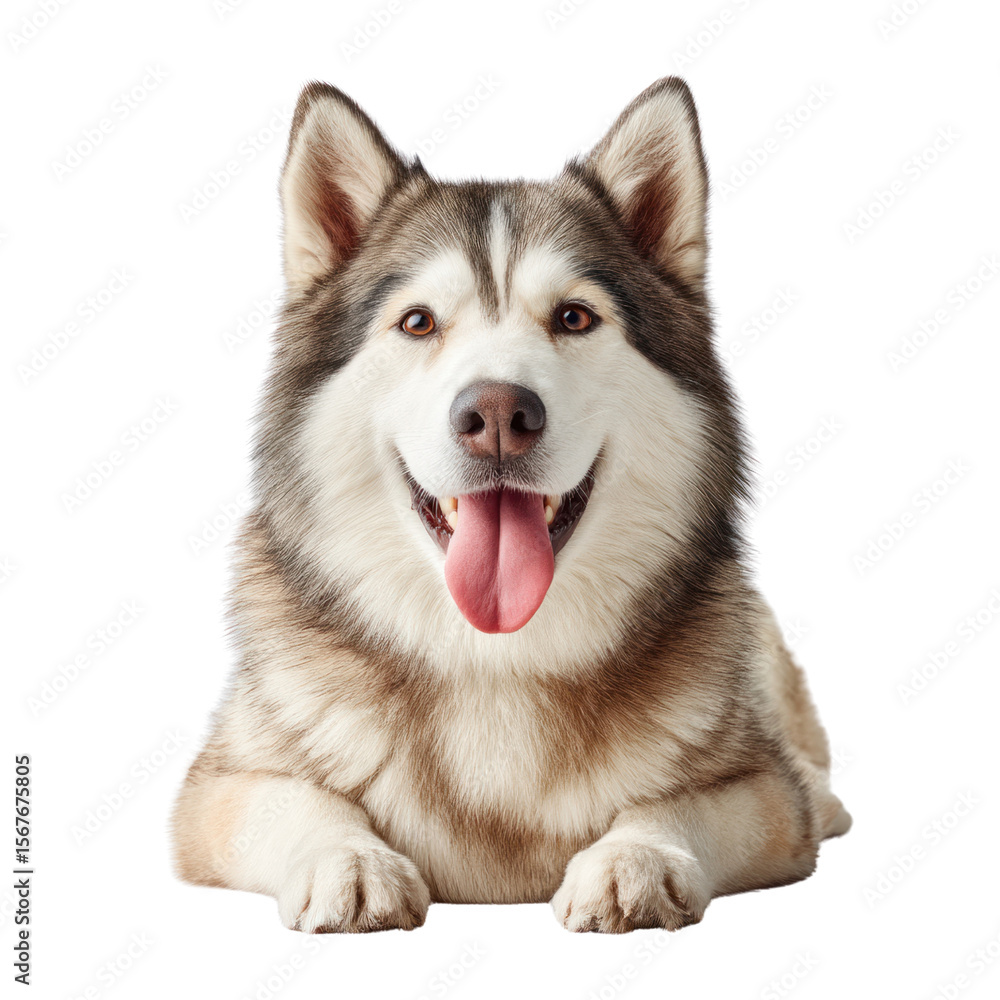 Smiling Alaskan Malamute dog with brown and white fur lying down with its tongue isolated on transparent background. PNG die-cut for advertising Smiling Alaskan Malamute dog with brown and white fur lying down with its tongue isolated on transparent background. PNG die-cut for advertising