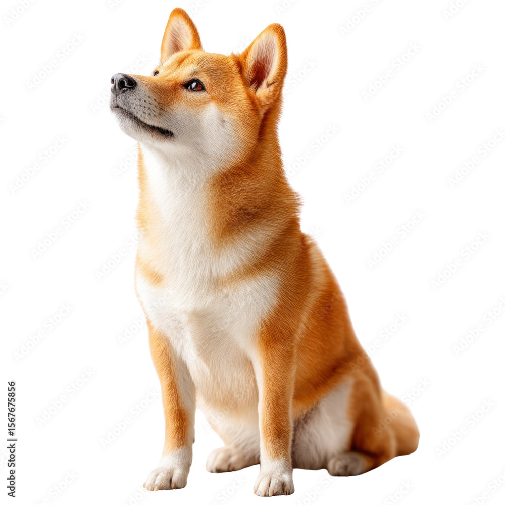 Majestic Shiba Inu dog with distinctive orange and white fur sits gracefully gaze directed upwards isolated on transparent background. PNG die-cut for advertising