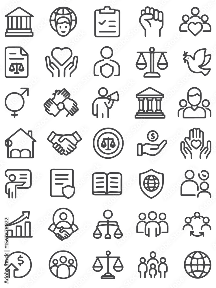 Social Policy Line Icon Set – Vector Icons for Equality, Justice, and Community Welfare Social Policy Line Icon Set – Vector Icons for Equality, Justice, and Community Welfare