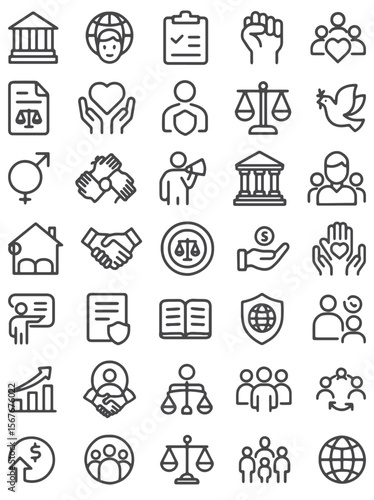 Social Policy Line Icon Set – Vector Icons for Equality, Justice, and Community Welfare