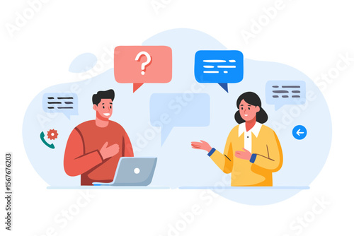 Two people communicating with speech bubbles and a laptop computer