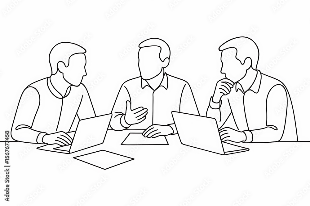 Three people are in a line drawing meeting, using laptops and gesturing about documents. Three people are in a line drawing meeting, using laptops and gesturing about documents.