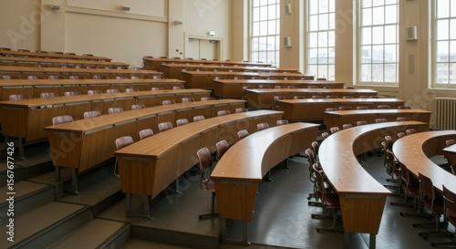 A large lecture hall with curved rows of wooden desks and chairs, facing a large windowed wall
