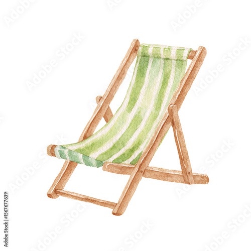 Relaxing Summer Days Watercolor Lounger Chair, Striped Fabric, Wooden Frame, Tranquil Scene.