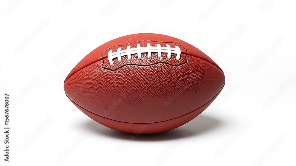 An American football sits centered on a pure white background, its texture and stitching clearly visible. An American football sits centered on a pure white background, its texture and stitching clearly visible.