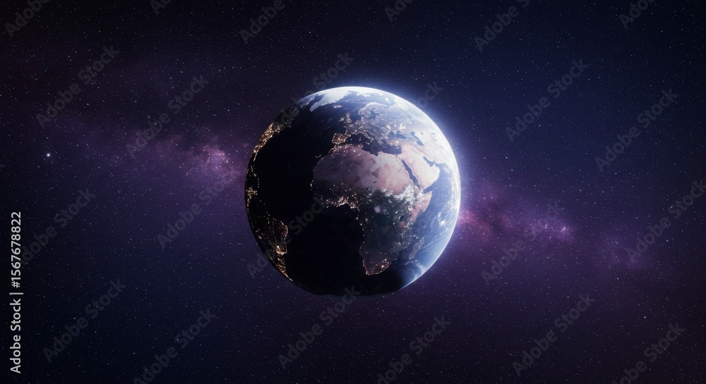 Obraz premium A stunning visual showcases Earth from space against a vibrant starry backdrop with glowing city lights