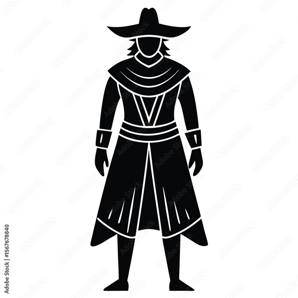 Stylized black silhouette of a person in a wide brimmed hat and long coat character illustration Stylized black silhouette of a person in a wide brimmed hat and long coat character illustration